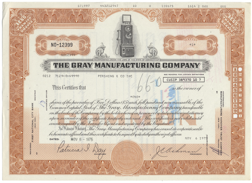 Gray Manufacturing Company Stock Certificate