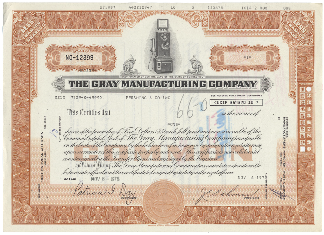 Gray Manufacturing Company Stock Certificate