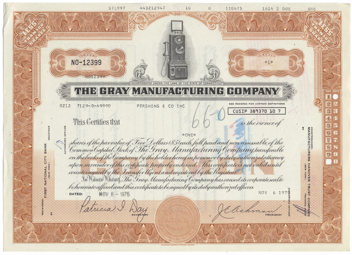 Gray Manufacturing Company Stock Certificate