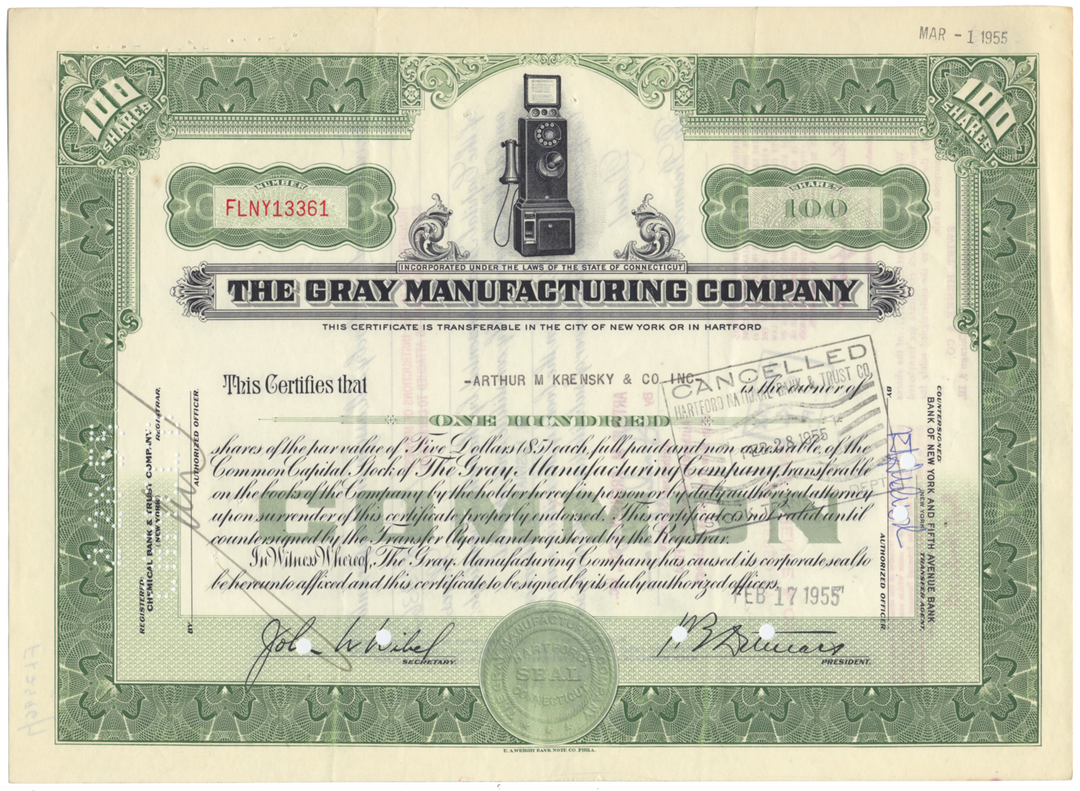 Gray Manufacturing Company Stock Certificate