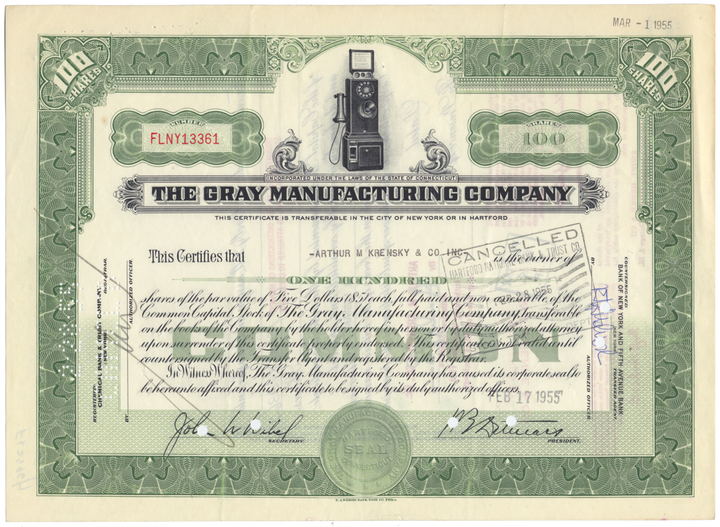 Gray Manufacturing Company Stock Certificate