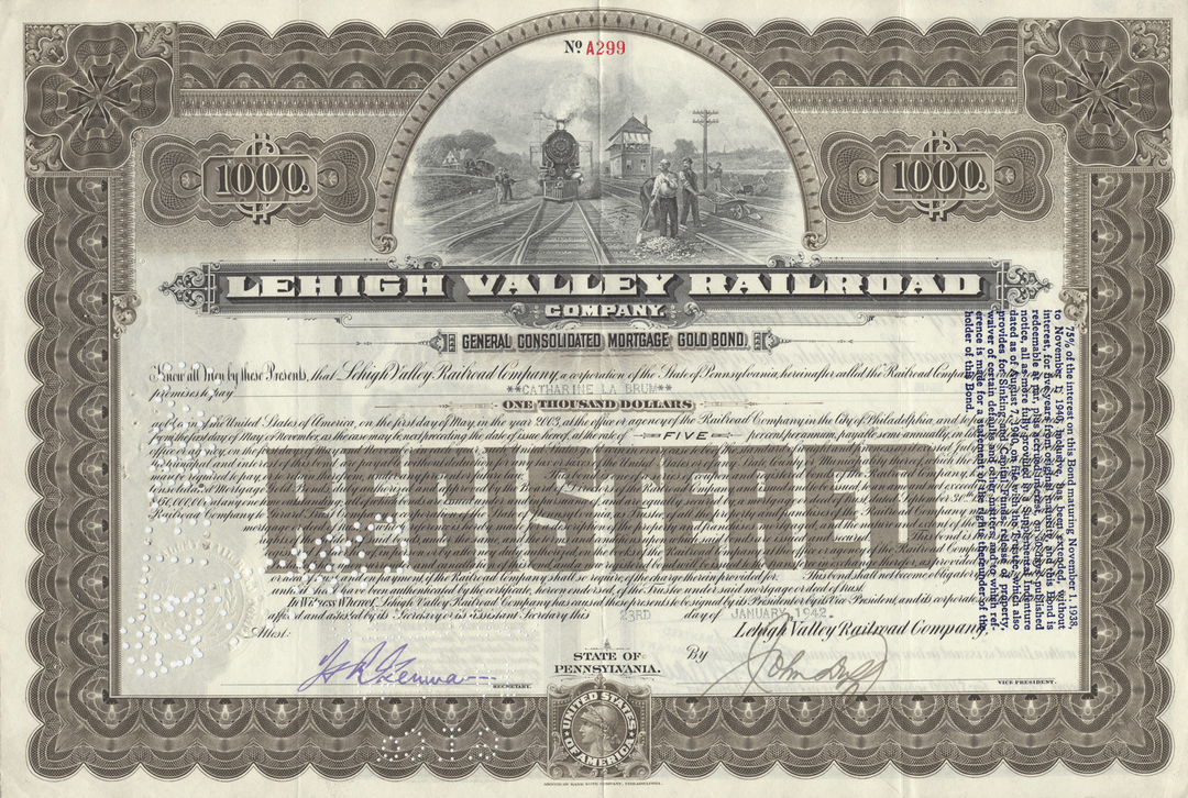 Lehigh Valley Railroad Company Bond Certificate