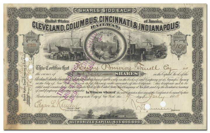 Cleveland, Columbus, Cincinnati & Indianapolis Railway Company Stock Certificate Signed by John Henry Devereux