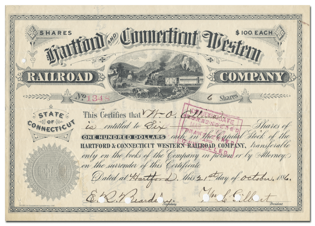 Hartford and Connecticut Western Railroad Company Stock Certificate