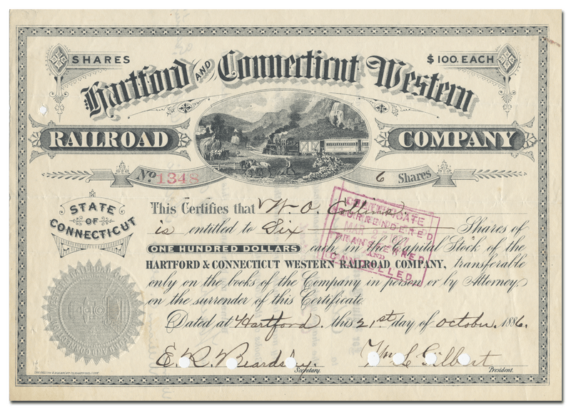 Hartford and Connecticut Western Railroad Company Stock Certificate