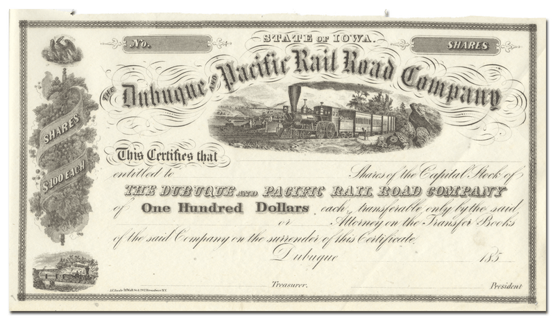 Dubuque and Pacific Rail Road Company Stock Certificate
