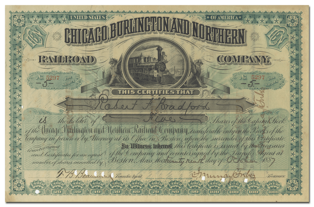 Chicago, Burlington and Northern Railroad Company Stock Certificate Signed by John Murray Forbes