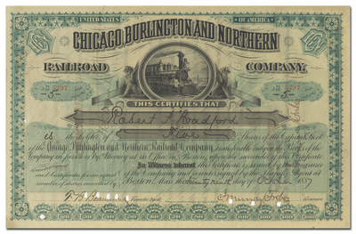 Chicago, Burlington and Northern Railroad Company Stock Certificate Signed by John Murray Forbes
