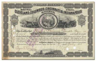 Cleveland, Columbus, Cincinnati & Indianapolis Railway Company Stock Certificate Signed by John Henry Devereux