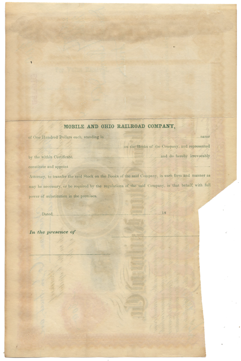 Mobile and Ohio Railroad Co. Stock Certificate