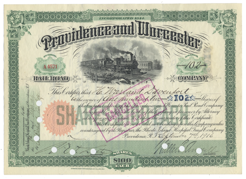 Providence and Worcester Railroad Company Stock Certificate