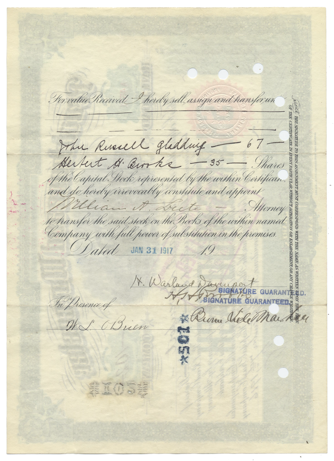 Providence and Worcester Railroad Company Stock Certificate