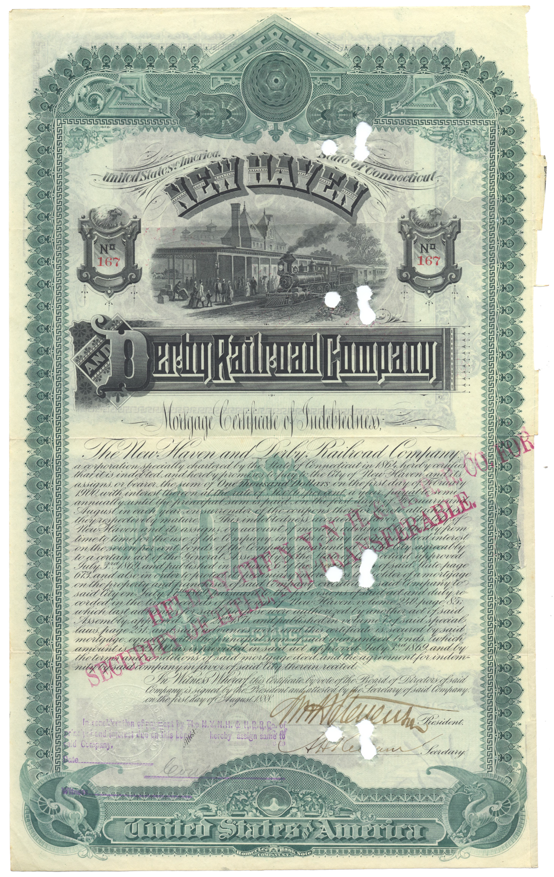 New Haven and Derby Railroad Company Bond Certificate