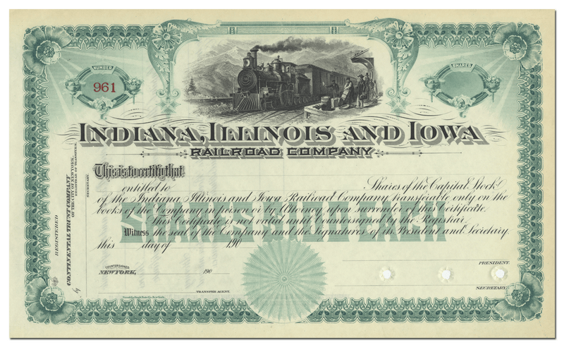 Indiana, Illinois and Iowa Railroad Company Stock Certificate