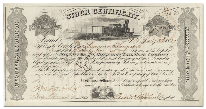 Milwaukee and Mississippi Rail Road Company Stock Certificate