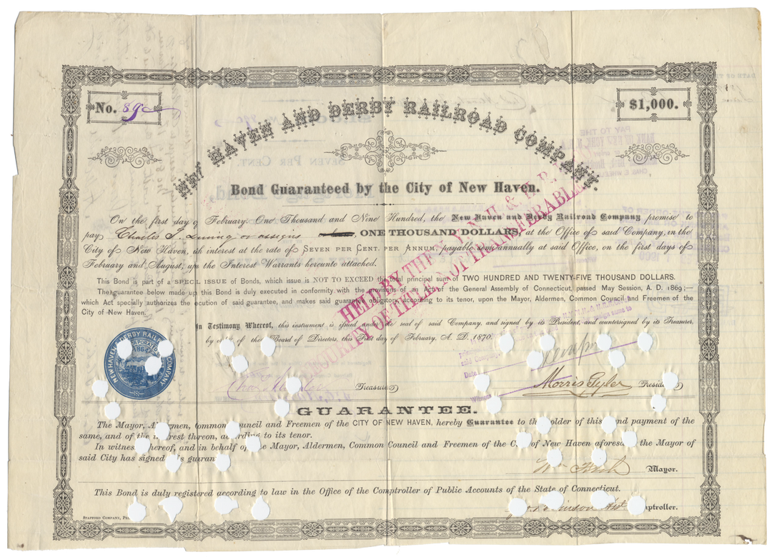 New Haven and Derby Railroad Company Bond Certificate