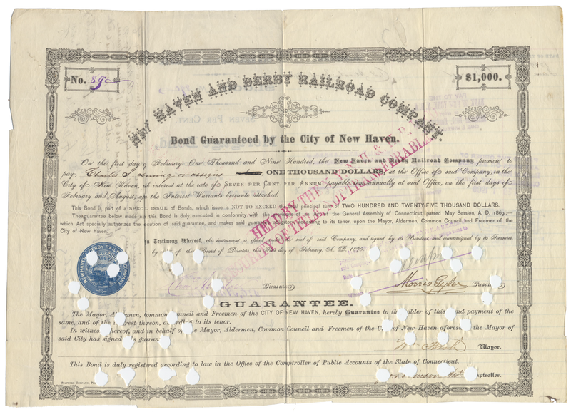 New Haven and Derby Railroad Company Bond Certificate