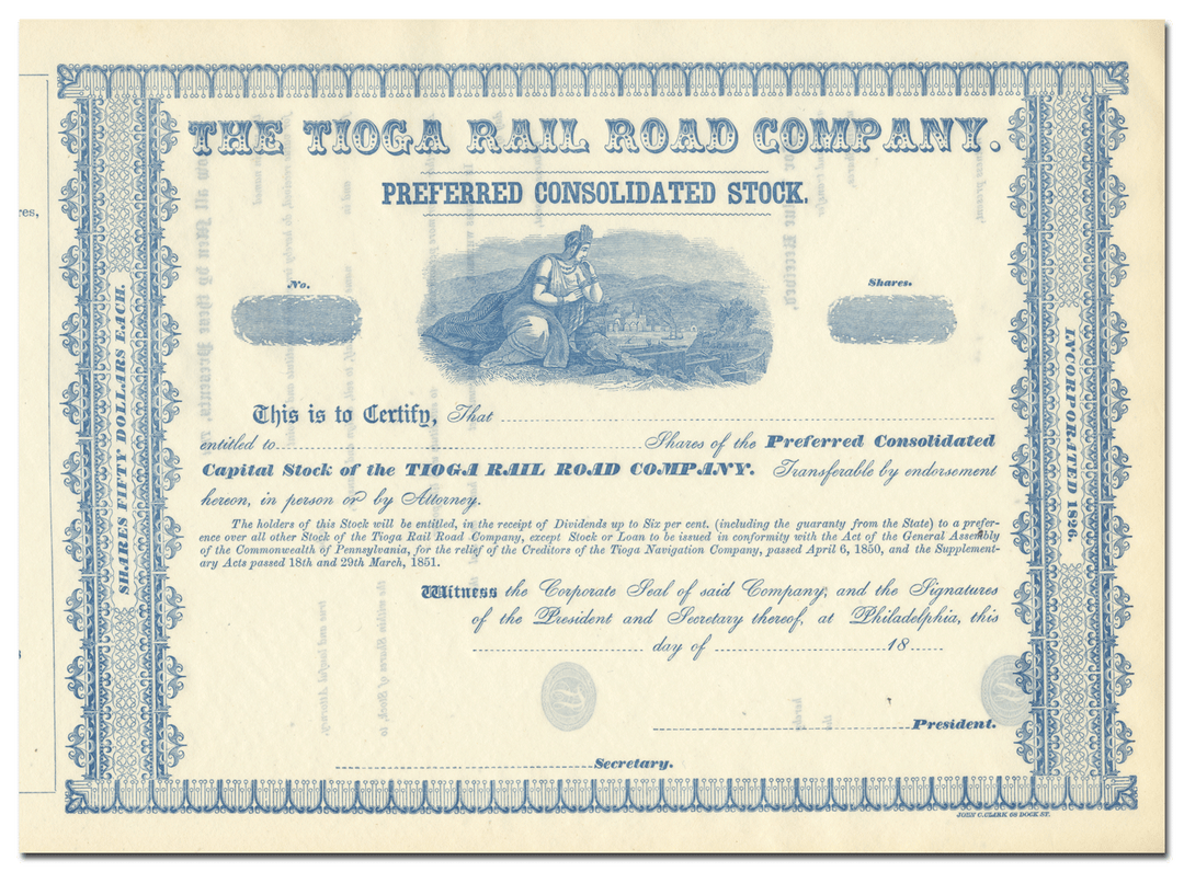 Tioga Rail Road Company Stock Certificate