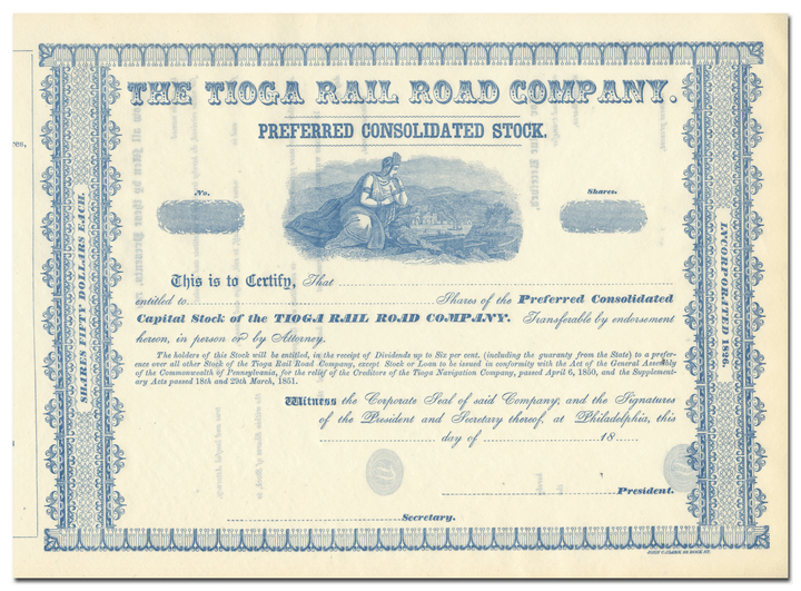 Tioga Rail Road Company Stock Certificate