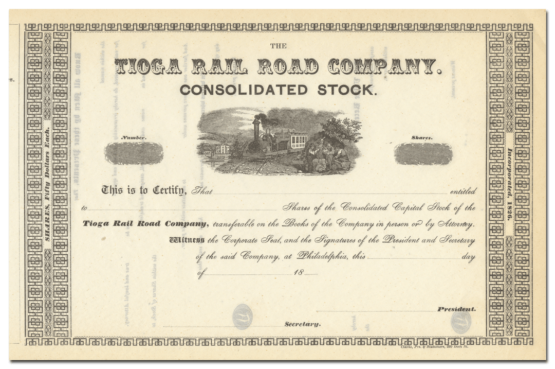 Tioga Rail Road Company Stock Certificate