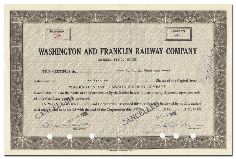 Washington and Franklin Railway Company Stock Certificate