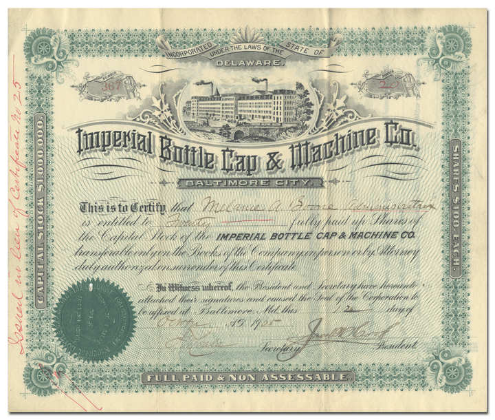 Imperial Bottle Cap & Machine Co. Stock Certificate