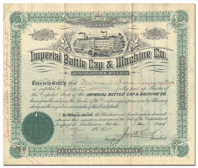 Imperial Bottle Cap & Machine Co. Stock Certificate