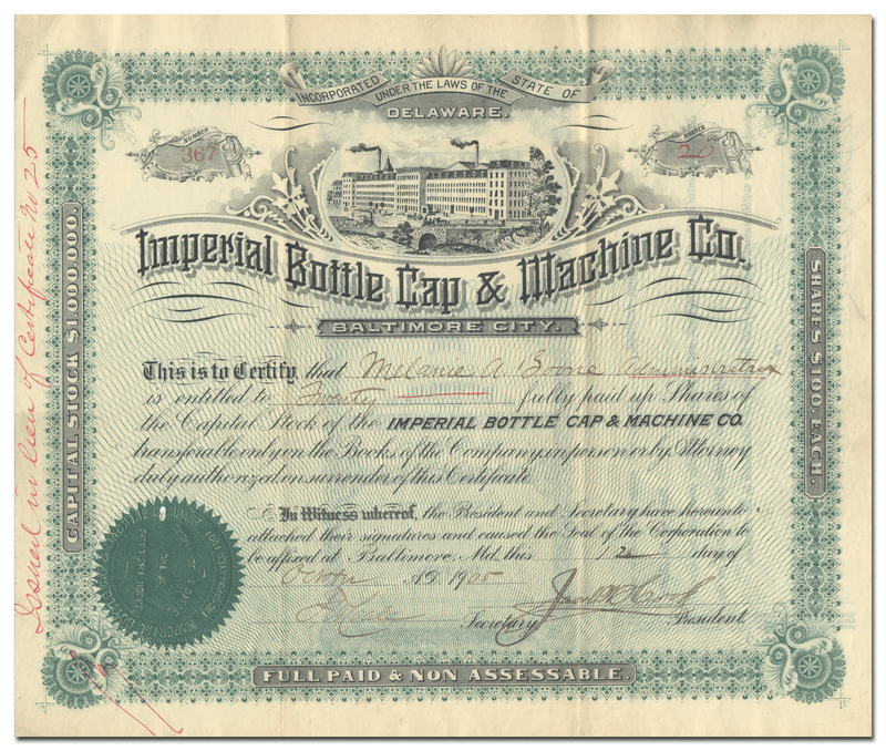 Imperial Bottle Cap & Machine Co. Stock Certificate
