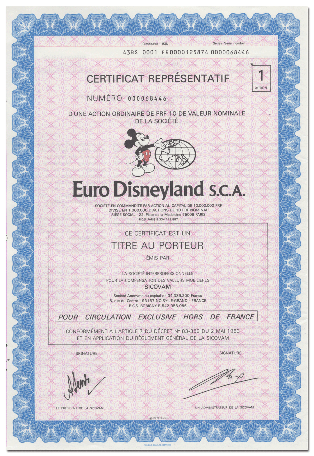 Euro Disneyland Stock Certificate