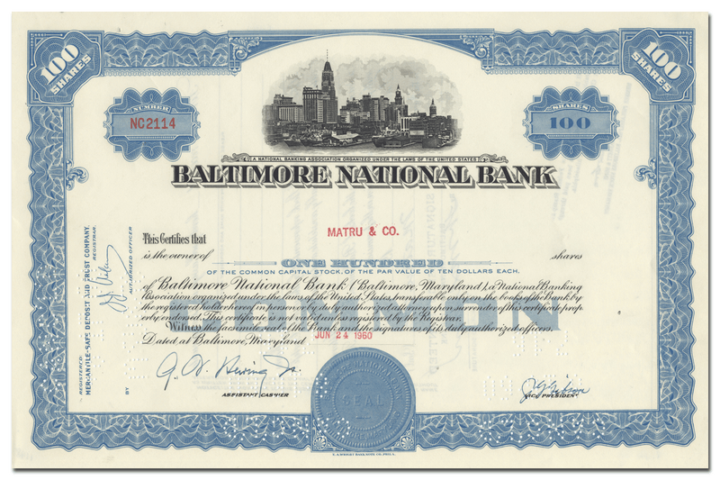Baltimore National Bank Stock Certificate
