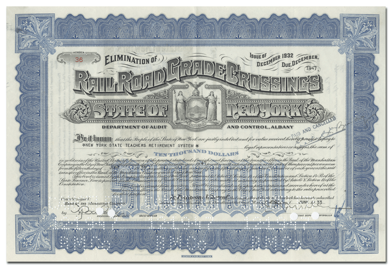 State of New York Bond Certificate for the Elimination of Railroad Grade Crossing