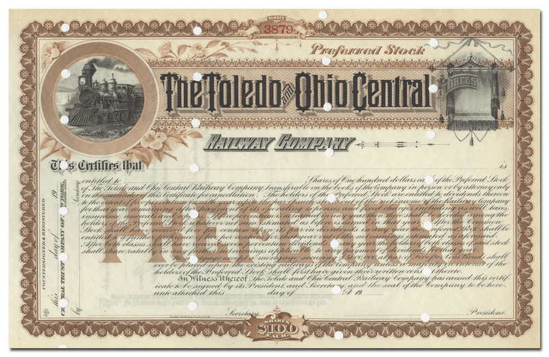 Toledo and Ohio Central Railway Company Stock Certificate