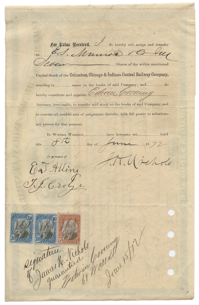 Columbus, Chicago and Indiana Central Railway Company Stock Certificate