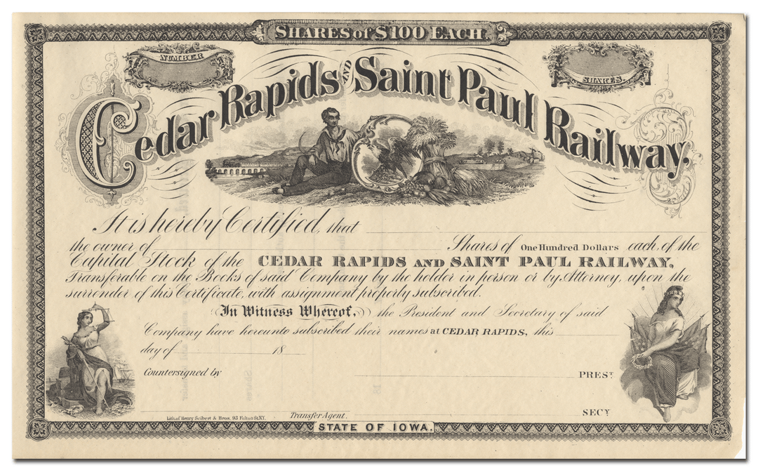 Cedar Rapids and Saint Paul Railway Stock Certificate