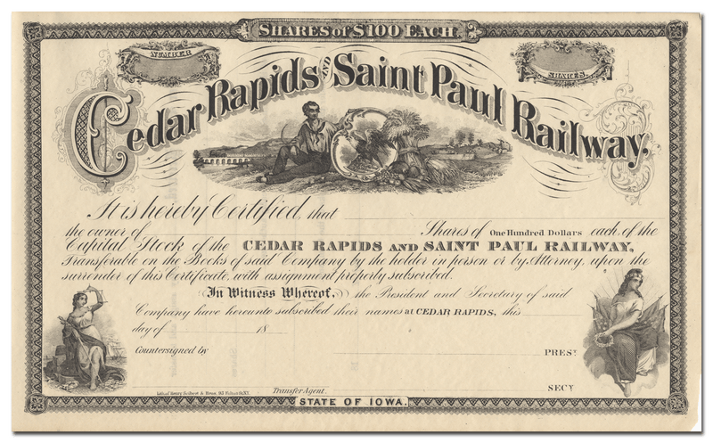 Cedar Rapids and Saint Paul Railway Stock Certificate