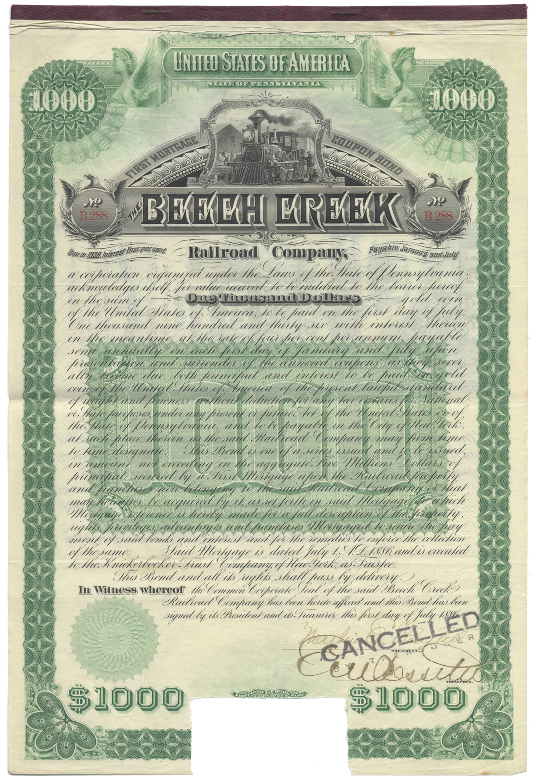 Beech Creek Railroad Company Bond Certificate