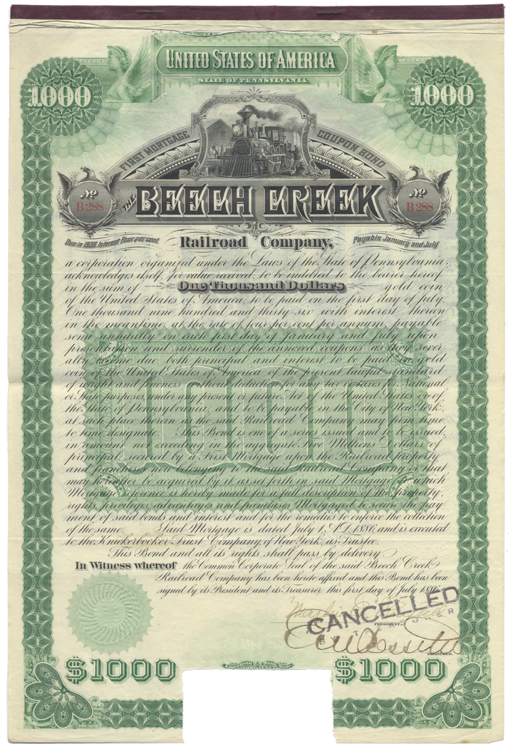 Beech Creek Railroad Company Bond Certificate