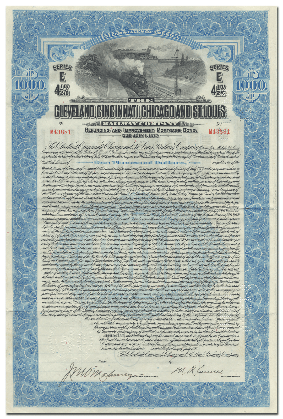 Cleveland, Cincinnati, Chicago & St. Louis Railway Company Bond Certificate