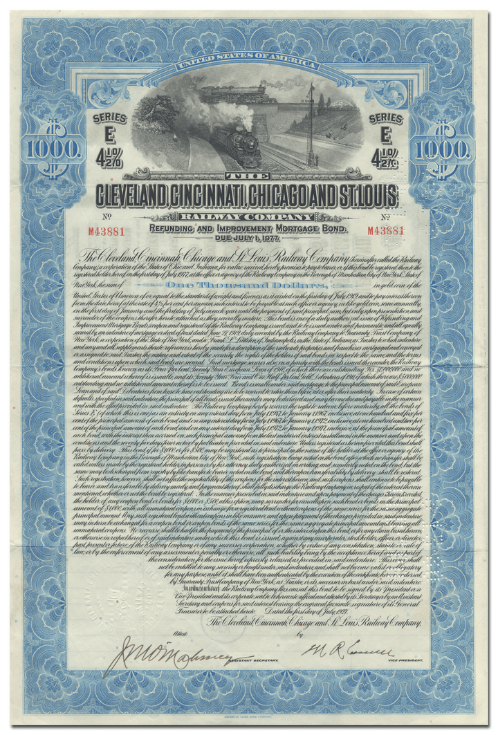 Cleveland, Cincinnati, Chicago & St. Louis Railway Company Bond Certificate