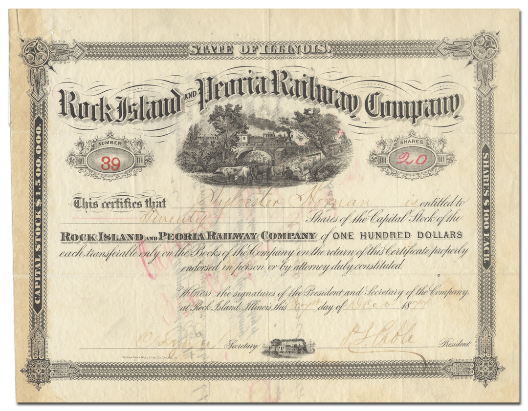 Rock Island and Peoria Railway Company Stock Certificate