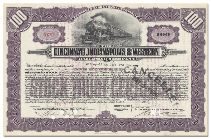 Cincinnati, Indianapolis & Western Railroad Company Stock Certificate