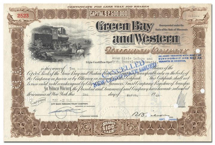 Green Bay and Western Railroad Company Stock Certificate