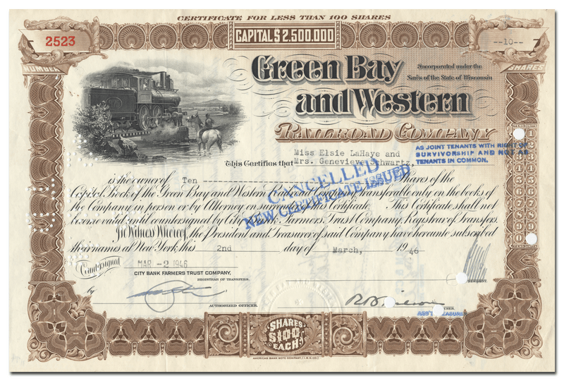 Green Bay and Western Railroad Company Stock Certificate