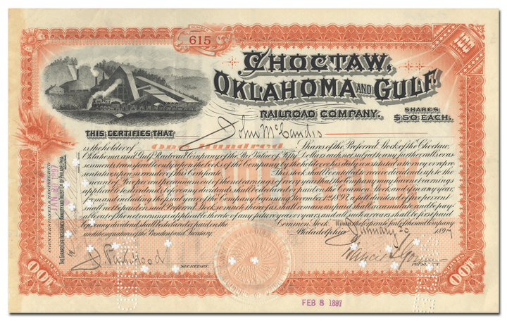 Choctaw, Oklahoma and Gulf Railroad Company Stock Certificate