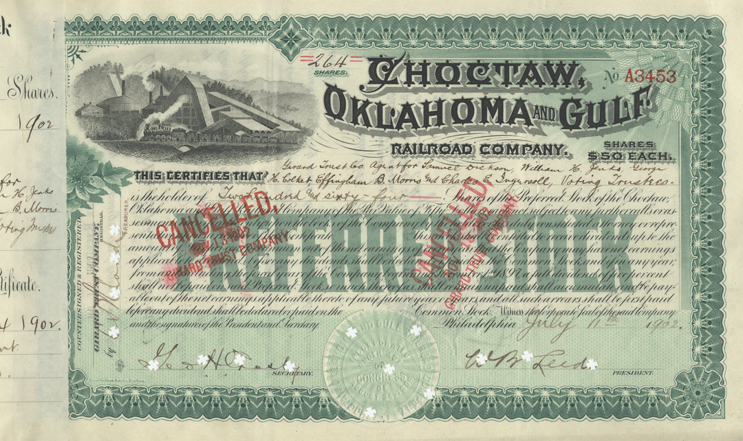 Choctaw, Oklahoma and Gulf Railroad Company Stock Certificate