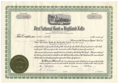 First National Bank in Highland Falls Stock Certificate