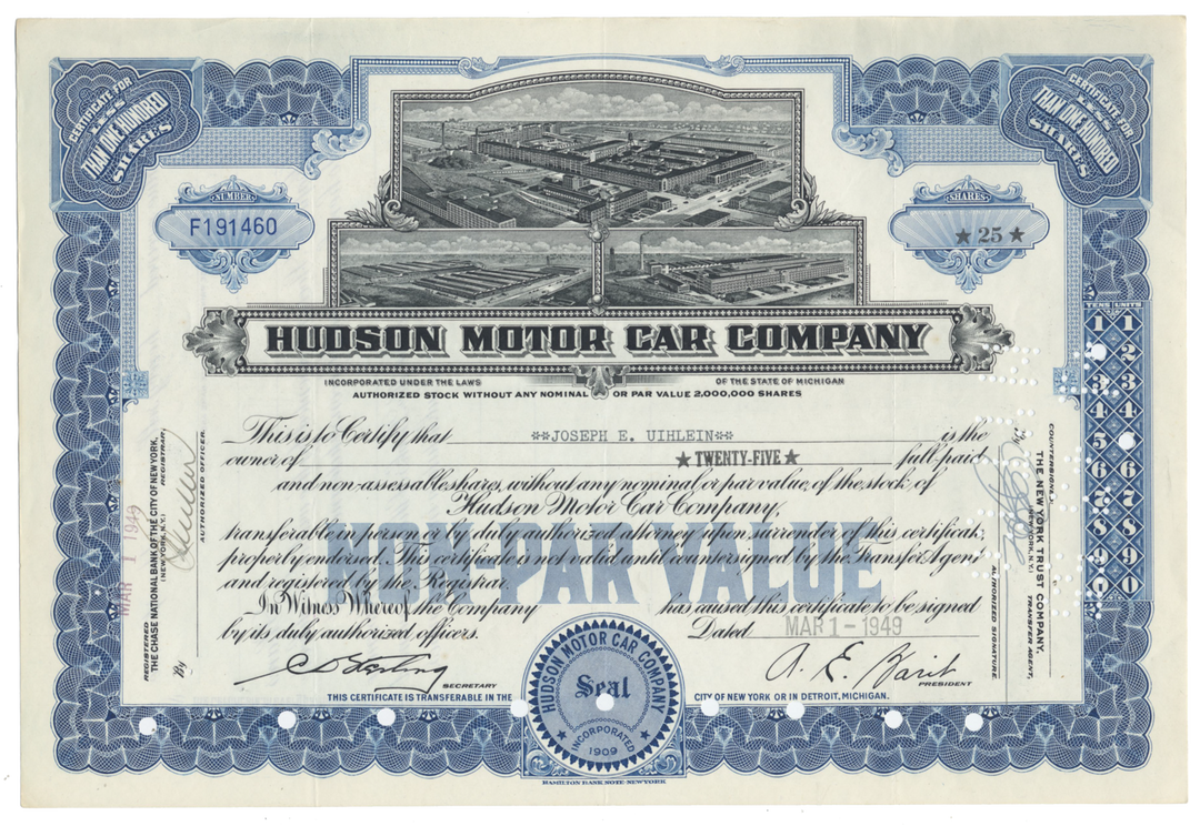 Hudson Motor Car Company Stock Certificate