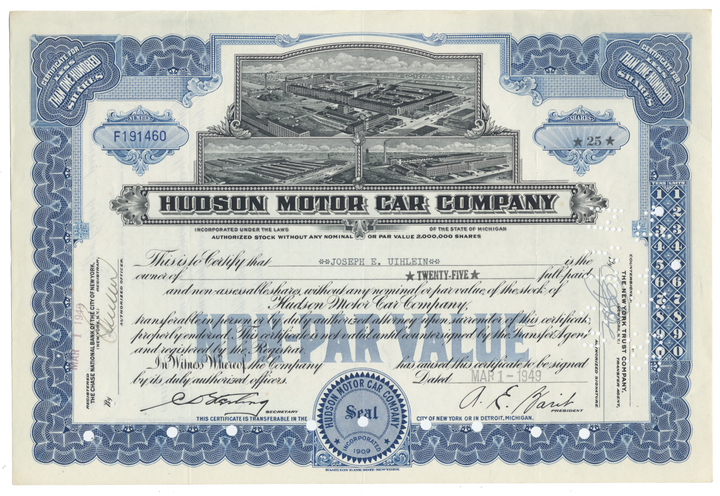 Hudson Motor Car Company Stock Certificate