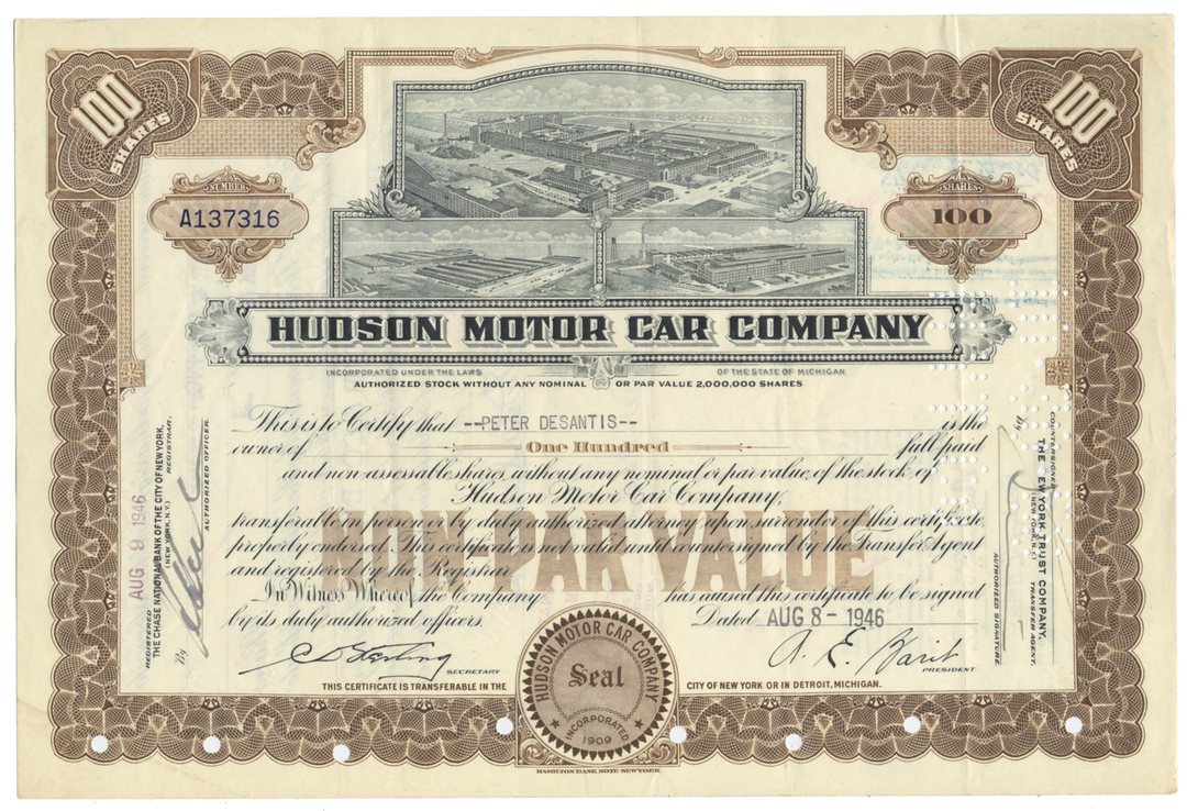 Hudson Motor Car Company Stock Certificate