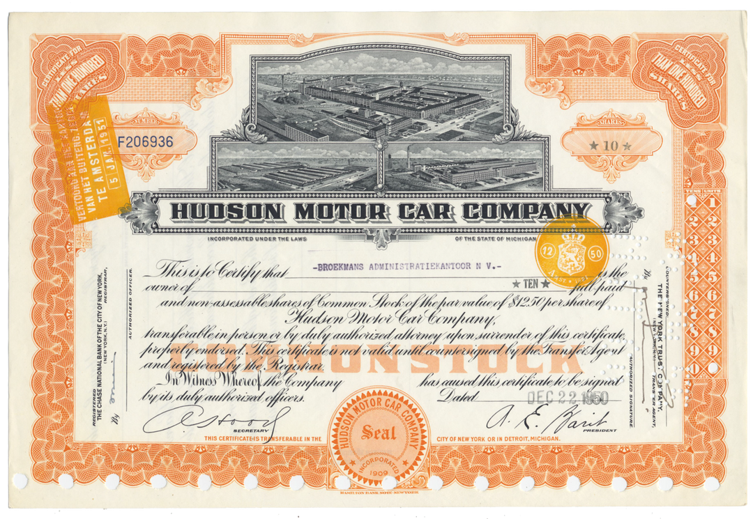 Hudson Motor Car Company Stock Certificate